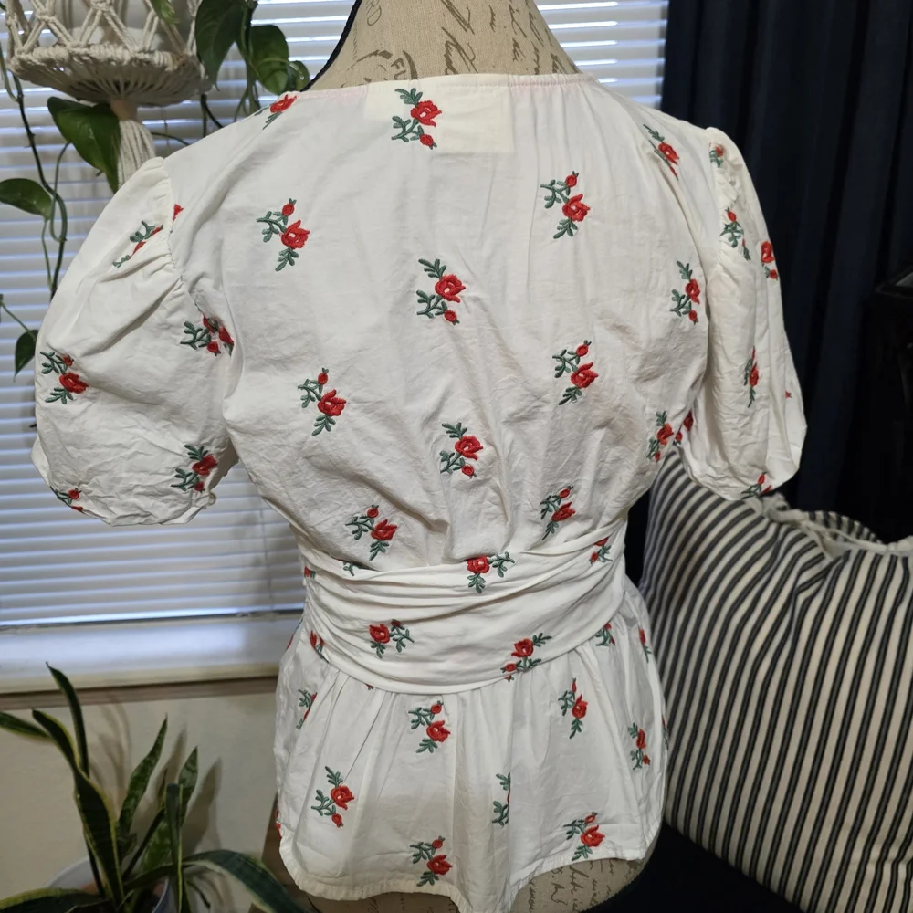 Anthropologie Maeve Embroidered White Floral Wrap Blouse with Red Rose